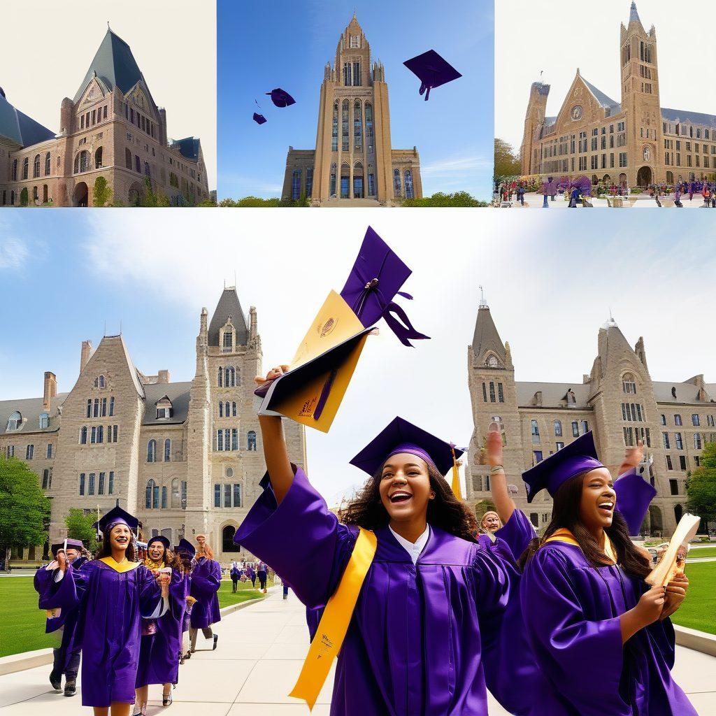 A dynamic collage featuring key elements of the University at Albany journey: an excited student receiving an acceptance letter, vibrant campus life with students walking and studying, iconic UAlbany buildings, graduation ceremony with caps in the air, and a proud alum holding a diploma. super-realistic. vibrant colors. white background.