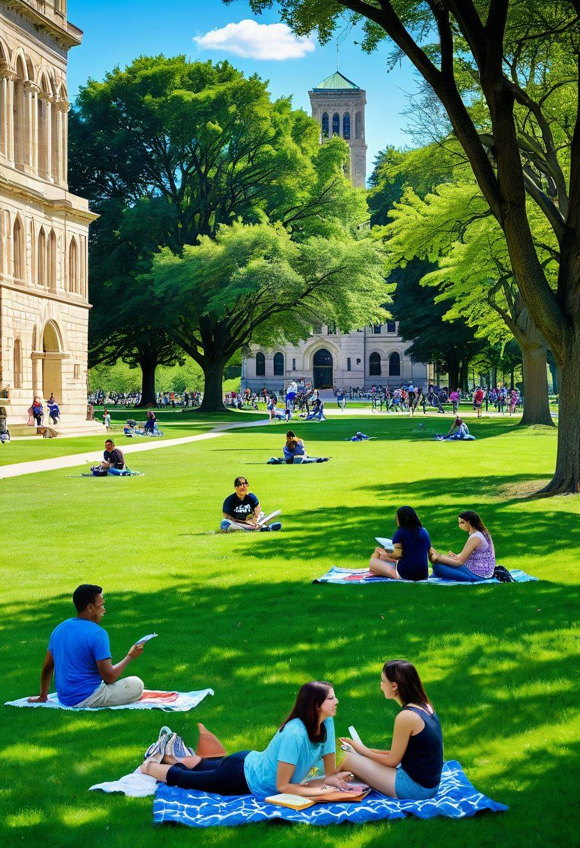 A vibrant, dynamic image of the University at Albany campus on a sunny day. Students from diverse backgrounds engaging in activities - chatting on the quad, studying under trees, and playing frisbee. Highlight iconic buildings and campus landmarks. Include bright green lawns and blossoming flowers to capture the lively atmosphere. Super-realistic. Vibrant colors.